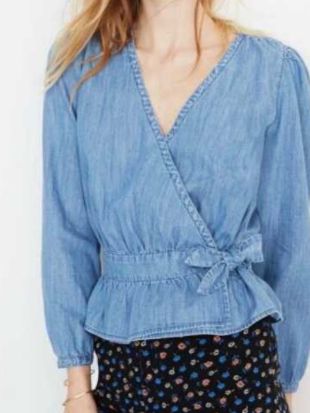 MADEWELL Denim Chambray Puff Sleeve Peplum Wrap Top Large NWT Blue